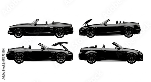Four Black Convertible Sports Cars Isolated on White Background.