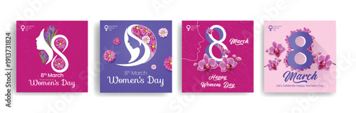 8 march women’s day celebrations social media posts bundle with women silhouette and floral backgrounds set square ads flyer poster pack promo designs banner web banner illustrations collections