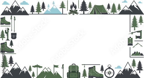 Camping adventure scene with mountains, trees, and outdoor gear illustrations in a graphic border