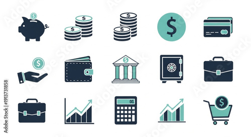 Financial Icons Set Piggy Bank Coins Wallet Bank Safe Briefcase Calculator Shopping Cart.