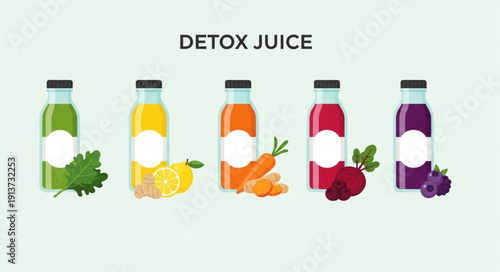 Five bottles of healthy detox juice with fruits and vegetables.