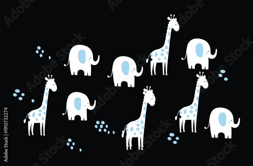 Photography Cute Safari Animal Seamless Pattern with Giraffes and Elephants in Blue and Whit