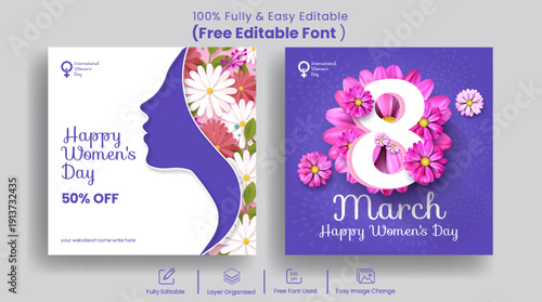 8 march women’s day celebrations social media posts bundle with women silhouette and floral backgrounds set square ads flyer poster pack promo designs banner web banner illustrations collections