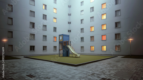 Empty playground slide in enclosed apartment courtyard. Symmetrical residential building with lit windows surrounding isolated play structure creating liminal space and backrooms atmosphere