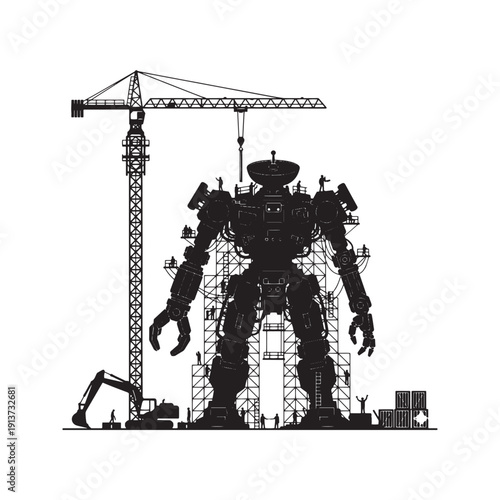 Silhouette of Giant Sci-Fi Robot Construction Site with Crane and Workers
