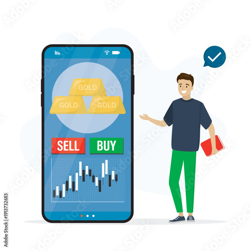 Trader user standing next smartphone with gold trading app with Buy and Sell buttons and candlestick chart. Digital investment and precious metal trading. Investment in gold.