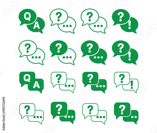 Question and answer icon set. Chat, speak bubble, Q and A, ask, support, dialog, help center symbol on white background - stock vector.