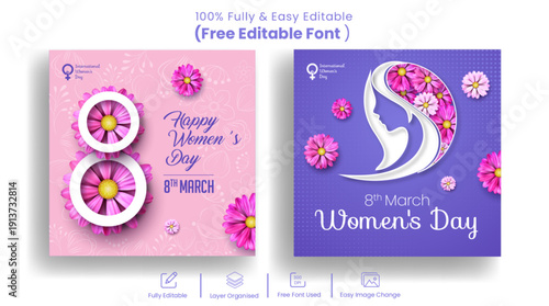 8 march women’s day celebrations social media posts bundle featuring women silhouette and floral backgrounds, a set of square ads, flier, flyer, poster, promo designs, banner, web banner illustrations