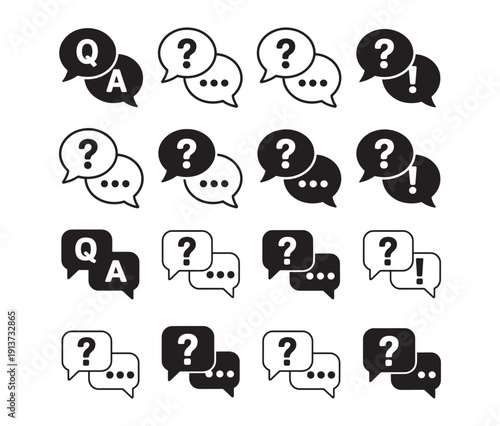 Question and answer icon set. Chat, speak bubble, Q and A, ask, support, dialog, help center symbol on white background - stock vector.