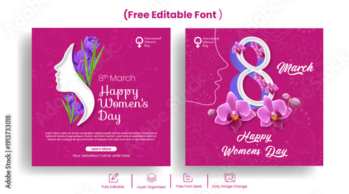 8 march women’s day celebrations social media posts bundle featuring women silhouette and floral backgrounds, a set of square ads, flier, flyer, poster pack, promo designs, banner, web banner design