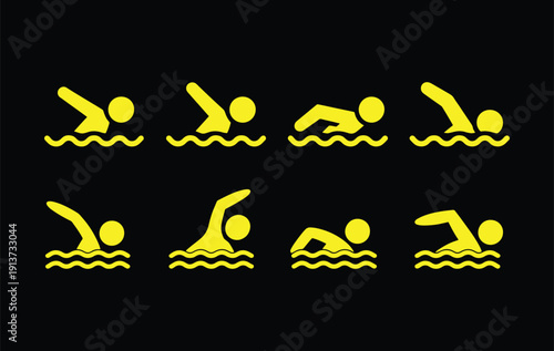 Swimmer sign icons set. Swimming on water with waves symbol collection. Swimming icon line and flat style - stock vector.