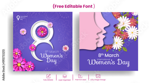 8 march women’s day celebrations social media posts bundle  women silhouette and floral backgrounds, a set of square ads, flier, flyer, poster pack, promo designs, banner, web banner illustrations