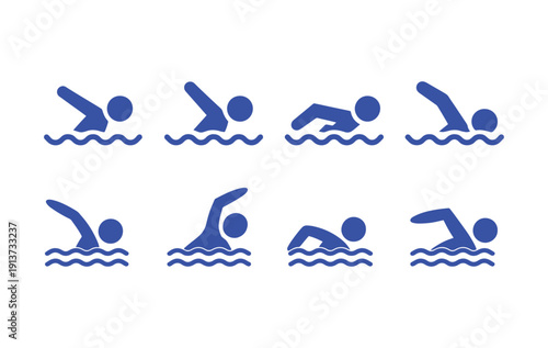 Swimmer sign icons set. Swimming on water with waves symbol collection. Swimming icon line and flat style - stock vector.