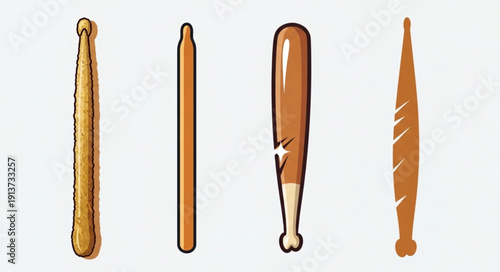 Four different types of wooden bats and drumsticks.