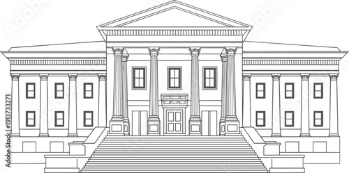 Classical government building line art illustration neoclassical architecture facade courthouse museum historic landmark exterior detailed vector outline drawing style