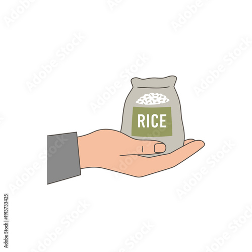 Hand holding a small sack of white rice with label illustration