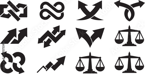 Black and white icons of arrows and scales symbols