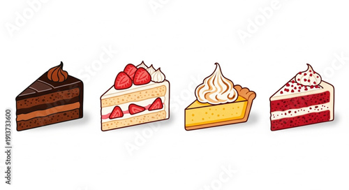 Four delicious slices of cake and pie on a white background.