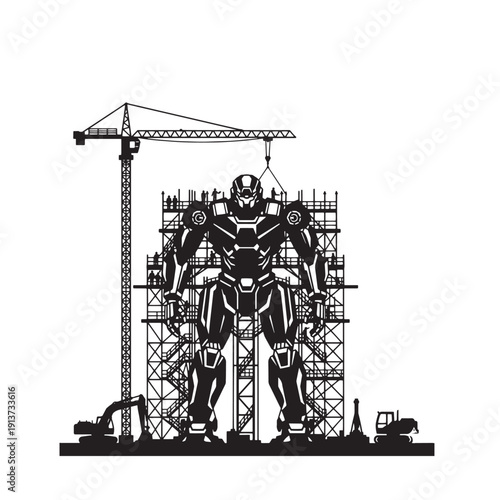 Silhouette of Giant Sci-Fi Robot Construction Site with Crane and Workers
