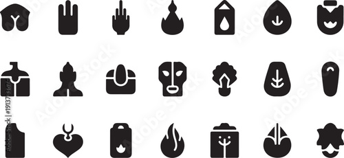 Collection of various black icons on white background