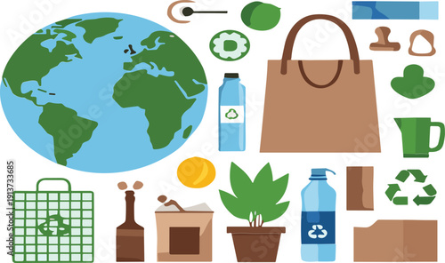 Eco Friendly Lifestyle Set with Earth Globe Reusable Bag Recycling Symbols and Sustainable Living Icons Vector
