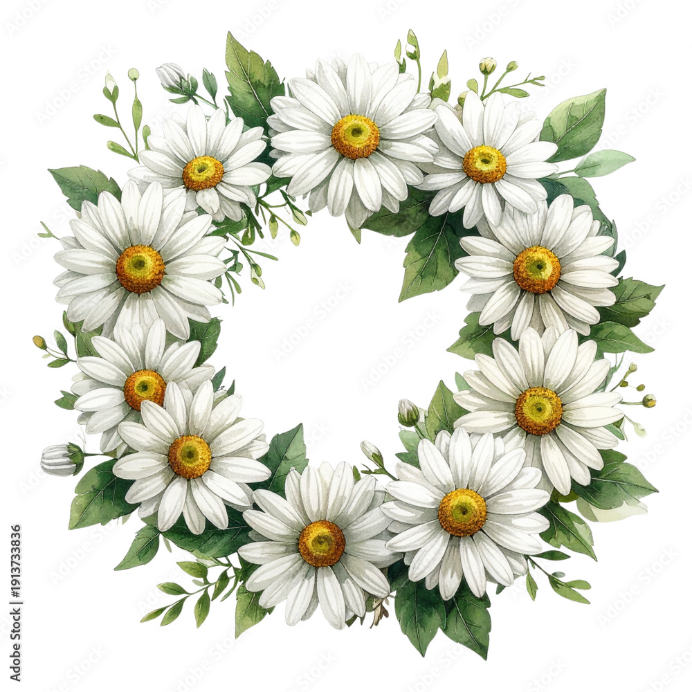 Obraz premium Elegant Floral Wreath with White Daisies and Green Leaves Design