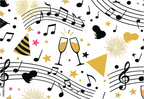 Festive Party Music Celebration Seamless Pattern Flat Vector Illustration with Champagne Glasses Notes and Fireworks