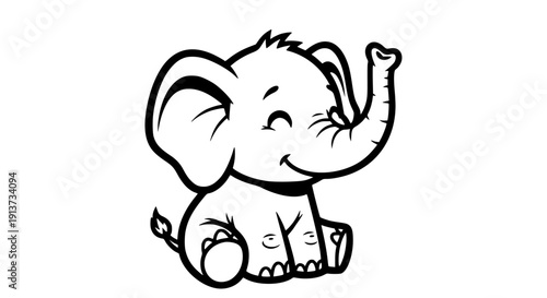 A cute cartoon elephant with one trunk up on transparent background smiling and waving with big ears and tail