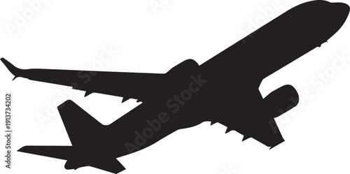 Black silhouette of an airplane in flight, isolated on a white background. Clean vector illustration ideal for travel, aviation, transport, and minimalist graphic design projects.