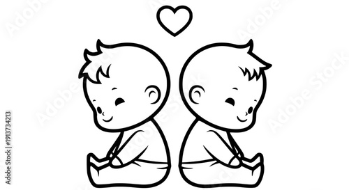 Two cute cartoon babies sitting back to back with a heart above on transparent background