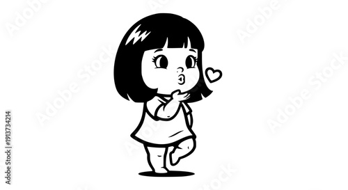 Cute cartoon girl with black hair making a shy gesture on transparent background