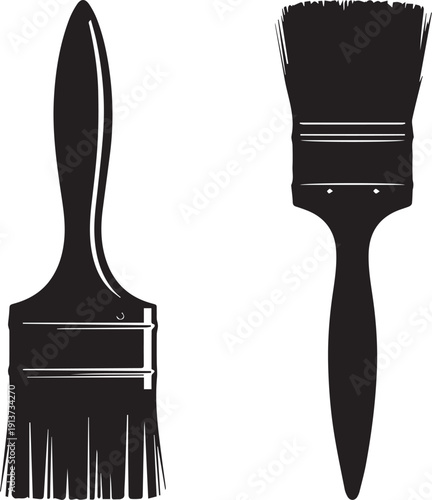 Black silhouette of a paint brush isolated on white background, art and painting tool shadow illustration, minimal creative and artistic design, clean monochrome icon