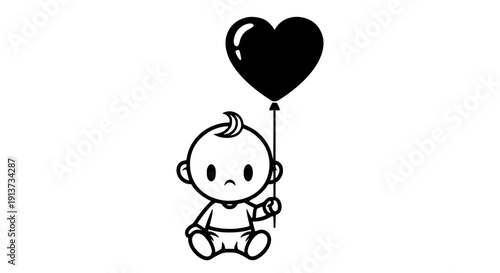 Sad baby sitting with a heart shaped black balloon on transparent background