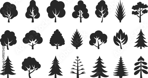Tree silhouettes vector collection assorted deciduous evergreen plant icons isolated black nature shapes landscape design botanical illustration set