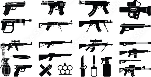 Weapon silhouettes vector set firearms rifles pistols shotgun grenade military equipment icons tactical weapon collection black silhouette illustration pack