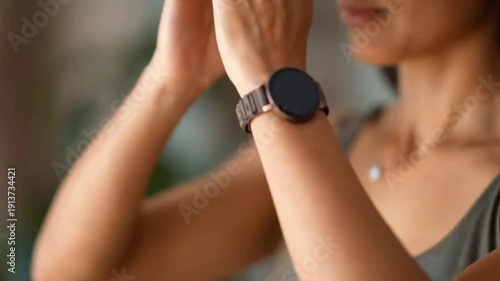 A woman with a smartwatch hands in prayer