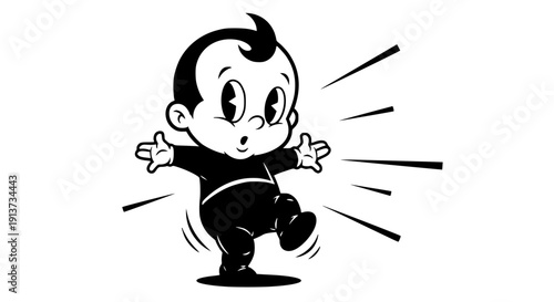 Baby cartoon character in black and white running with motion lines on transparent background