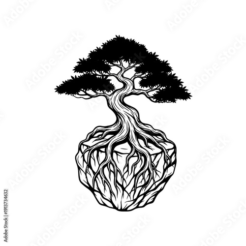 Detailed Bonsai Tree Illustration With Intricate Root System on Rock