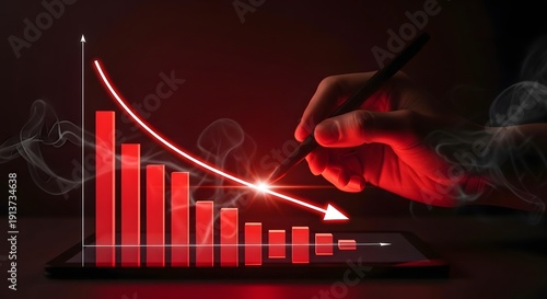 Downward trending financial graph on a tablet, indicating economic recession and market decline with a hand pointing.