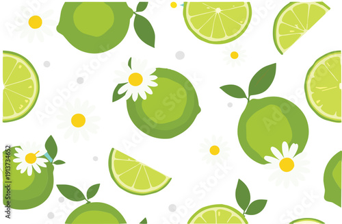 Fresh lime and daisy seamless pattern with citrus slices and green leaves in bright summer vector style