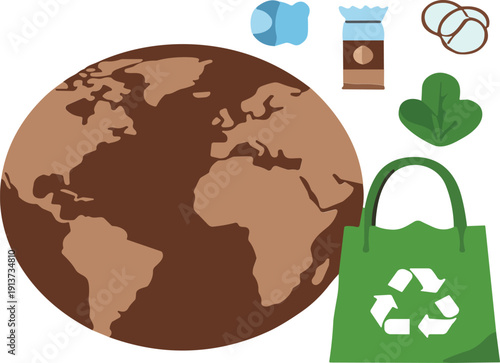 Global Recycling and Eco Friendly Lifestyle Concept Flat Vector Illustration with Earth, Reusable Bag and Sustainable Products