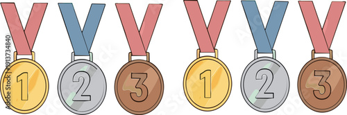 Gold Silver and Bronze Award Medals Set with Ribbons First Second Third Place Winner Vector Illustration