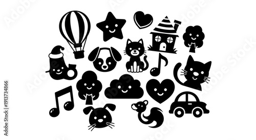 Black and white stickers or decals of cute animals objects and symbols on plain background
