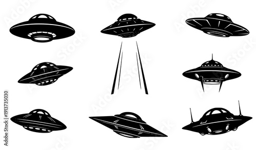 Alien Flying Saucer Black Silhouette Vector Collection