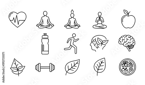 Wellness and Healthy Lifestyle Line Icon Set Black Vector