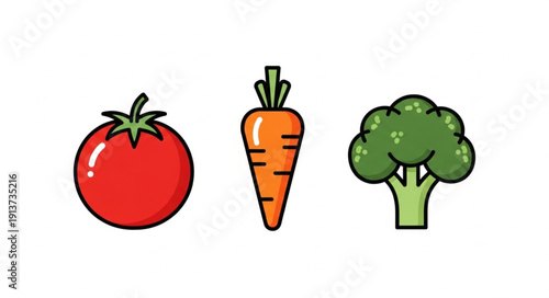 Fresh Tomato Carrot and Broccoli Vegetables Isolated.