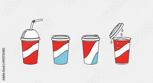 Four stylized soda cups with red and white stripes.