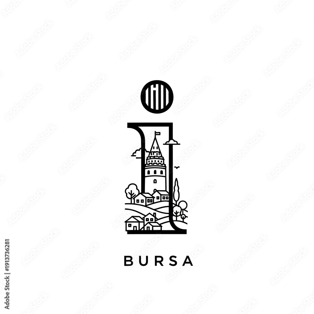 Naklejka premium Stylized emblem featuring a building landscape in a simple line art design