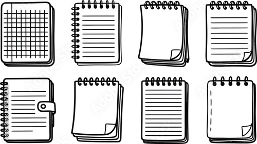 Collection of various spiral bound notebooks and journals with different page styles