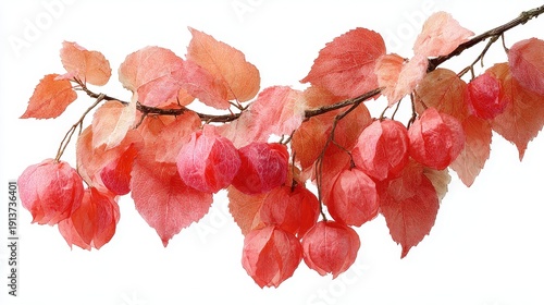 Chinese Lantern Plant Branch with Orange and Pink Lanterns on White